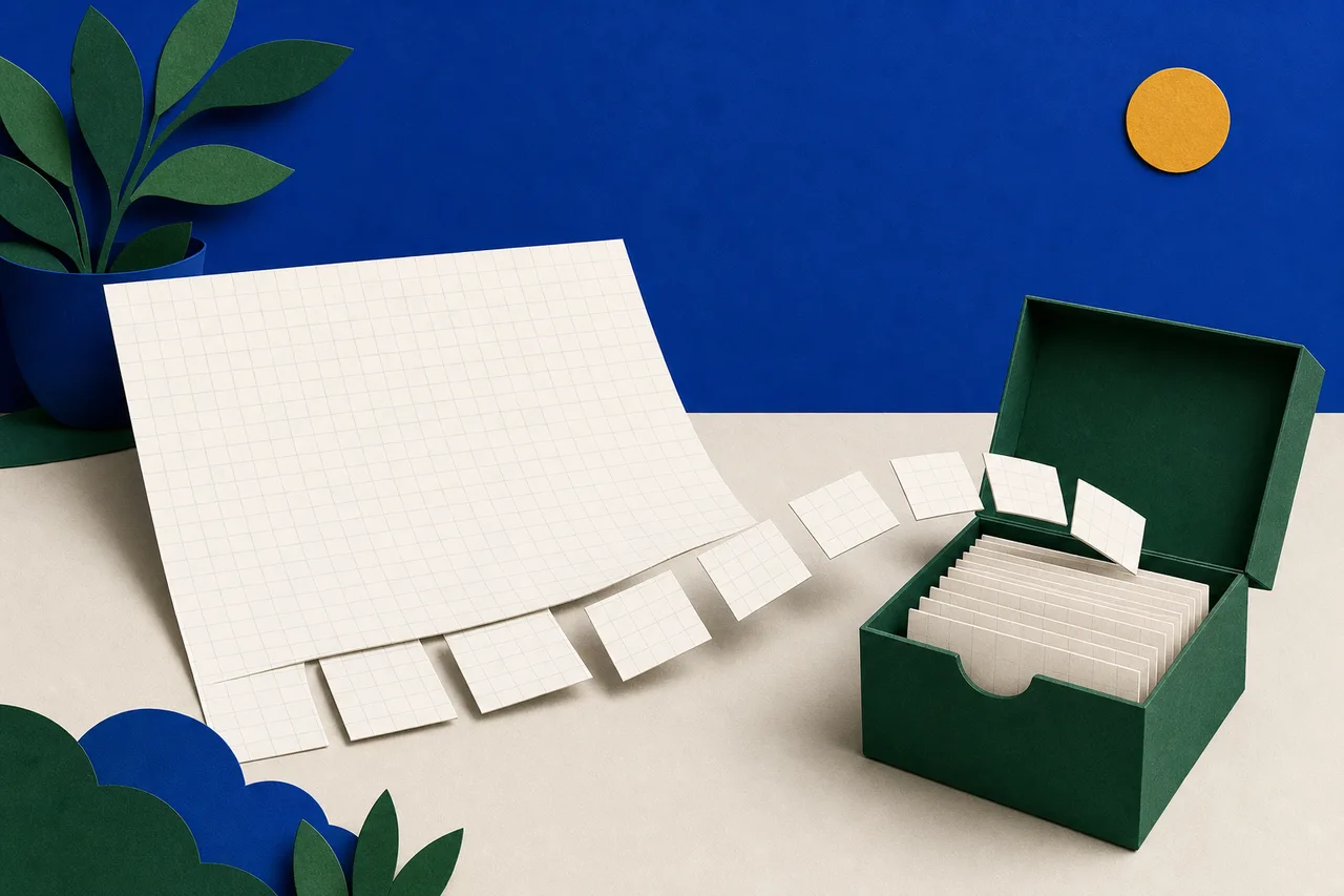 Uma folha de papel quadriculado sobre a mesa, com a borda de baixo se soltando em fichas pequenas que seguem, uma a uma, para dentro de um fichário verde aberto; o resto da folha continua inteiro no lugar.