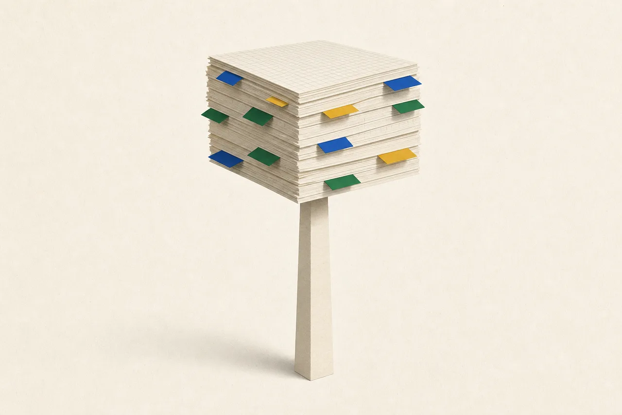 Uma pilha alta de folhas quadriculadas, cheia de marcadores coloridos nas bordas, equilibrada em cima de um só pilar fino de papel.