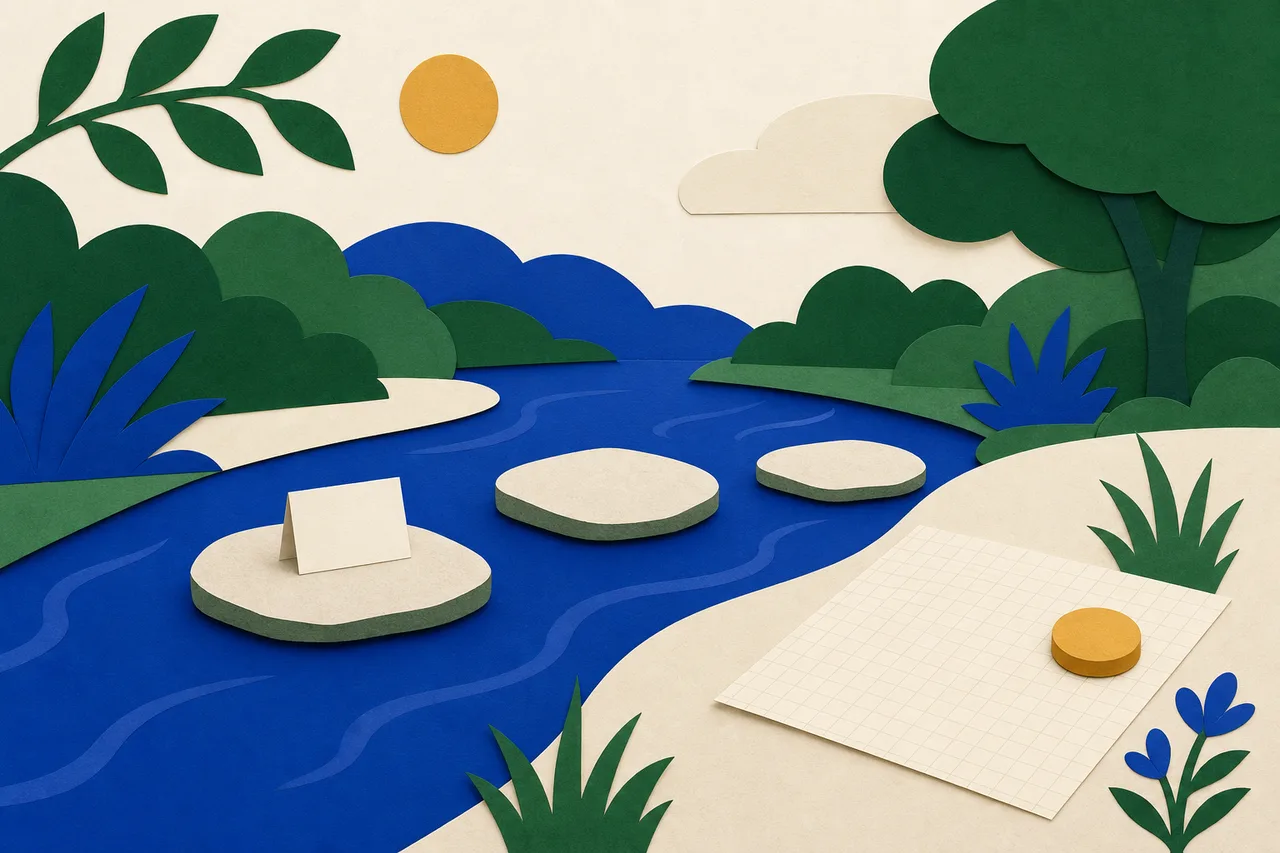 Três pedras atravessando um riacho, com uma ficha de papel só na pedra mais próxima; na margem de cá, uma folha quadriculada inteira descansa sob um peso de papel redondo.