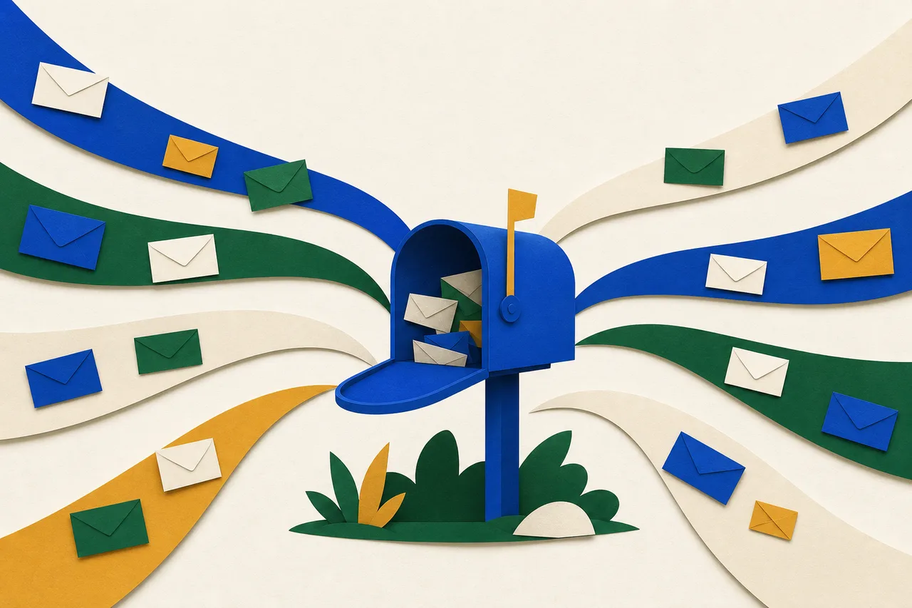 Envelopes de várias cores seguem por caminhos curvos que partem das bordas da cena e terminam todos na mesma caixa de correio aberta, no centro.