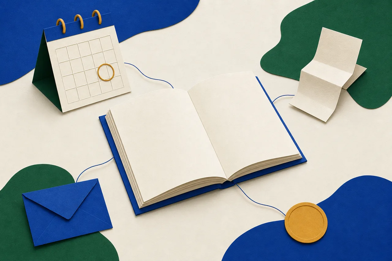 Um livro-caixa aberto no centro, ligado por fios finos a um calendário de quadrados vazios com um deles circulado, a um recibo dobrado, a um envelope e a um selo redondo.