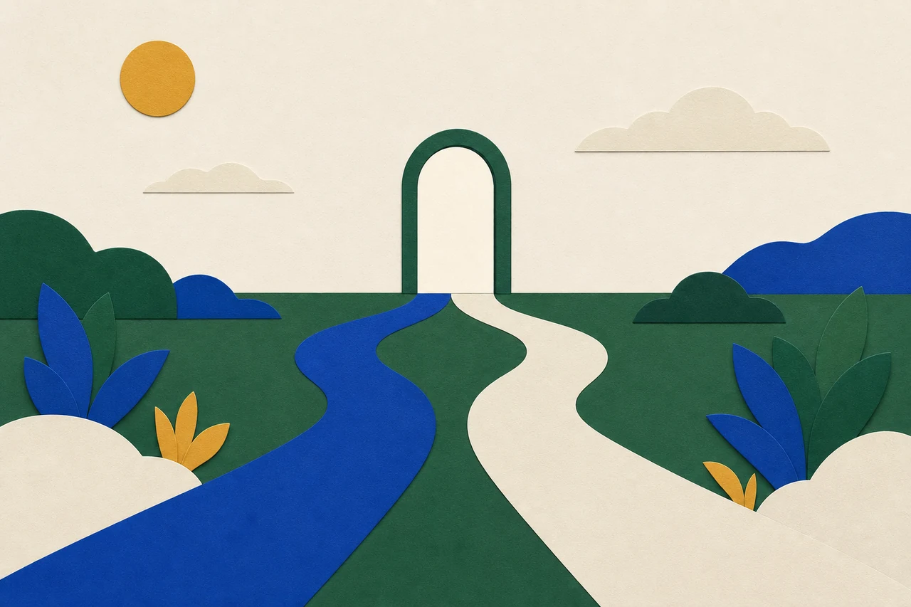 Dois caminhos separados atravessando um campo e se juntando numa única porta em arco.
