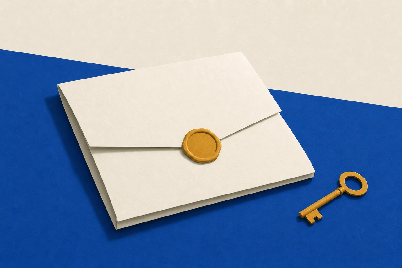 Um envelope de papel fechado com um lacre redondo, ao lado de uma chave pequena.