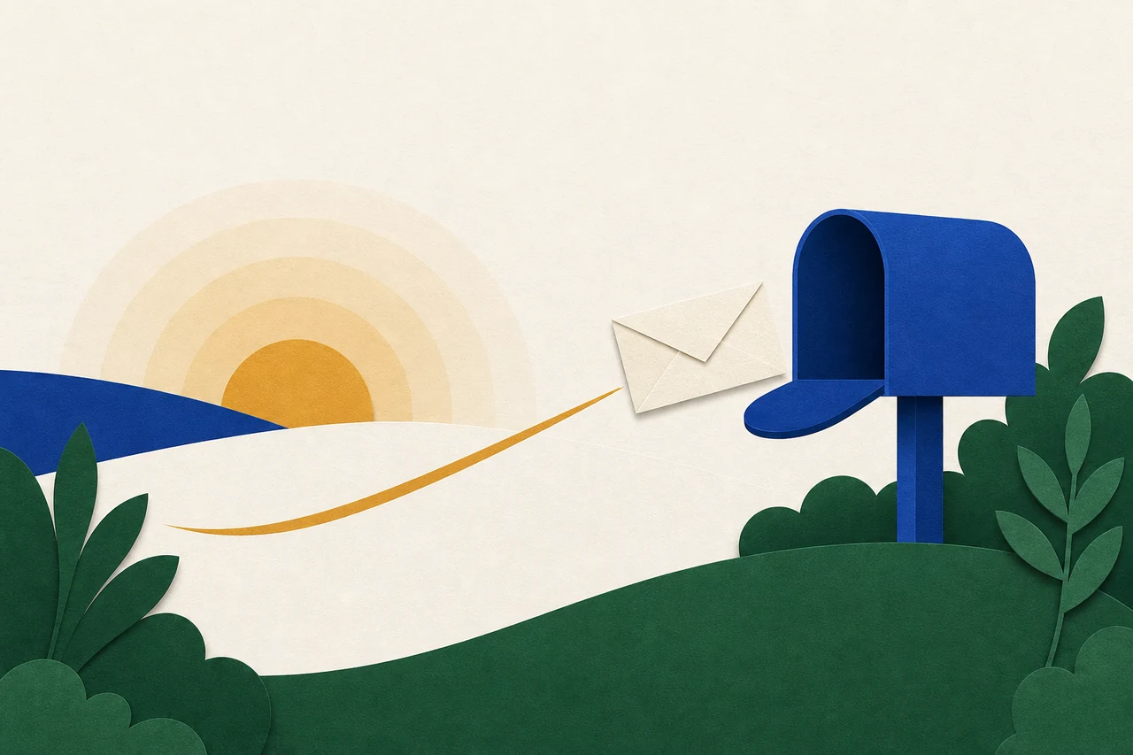 Um envelope deslizando por uma curva até uma caixa de correio aberta, com o sol nascendo ao fundo.