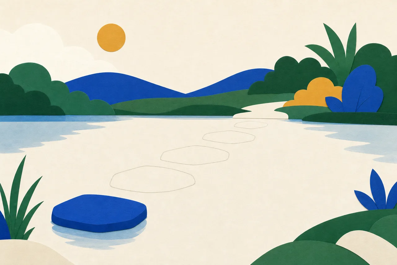 Uma fileira de pedras chatas atravessa um lago calmo: a primeira é firme e colorida, as seguintes são só contornos claros sobre a água.