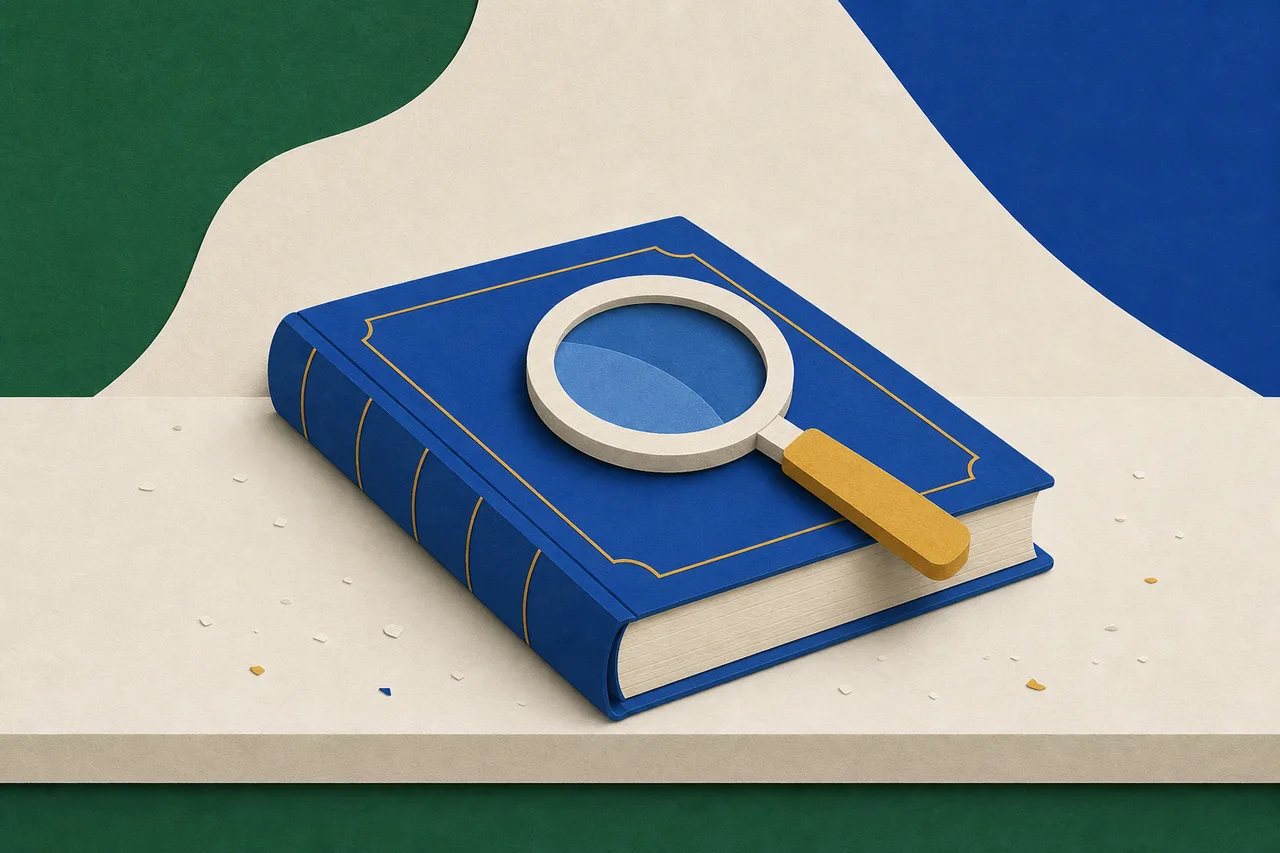 Um livro fechado, parado numa prateleira com um pouco de poeira em volta, e uma lupa de papel pousada sobre a capa.