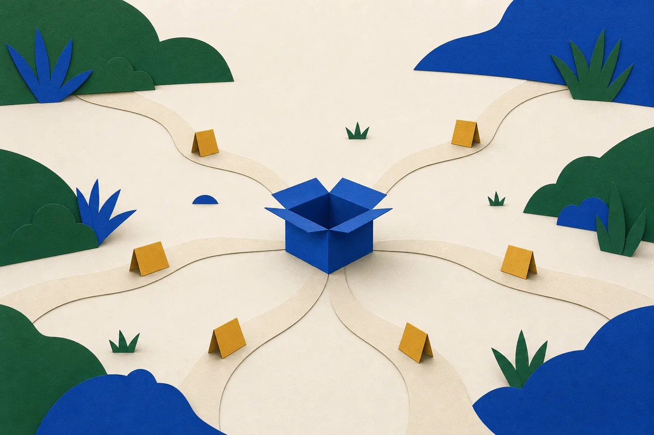 Vários caminhos estreitos atravessam um campo vindos de direções diferentes, cada um com uma ficha de papel dobrada, e todos terminam na mesma caixa aberta no centro.
