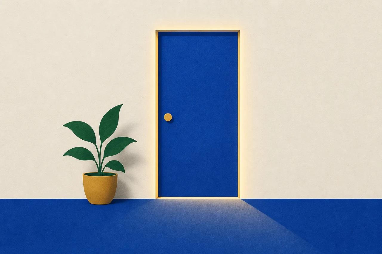 Uma porta fechada numa parede lisa, com luz vazando pelas frestas, e um vaso de planta ao lado.