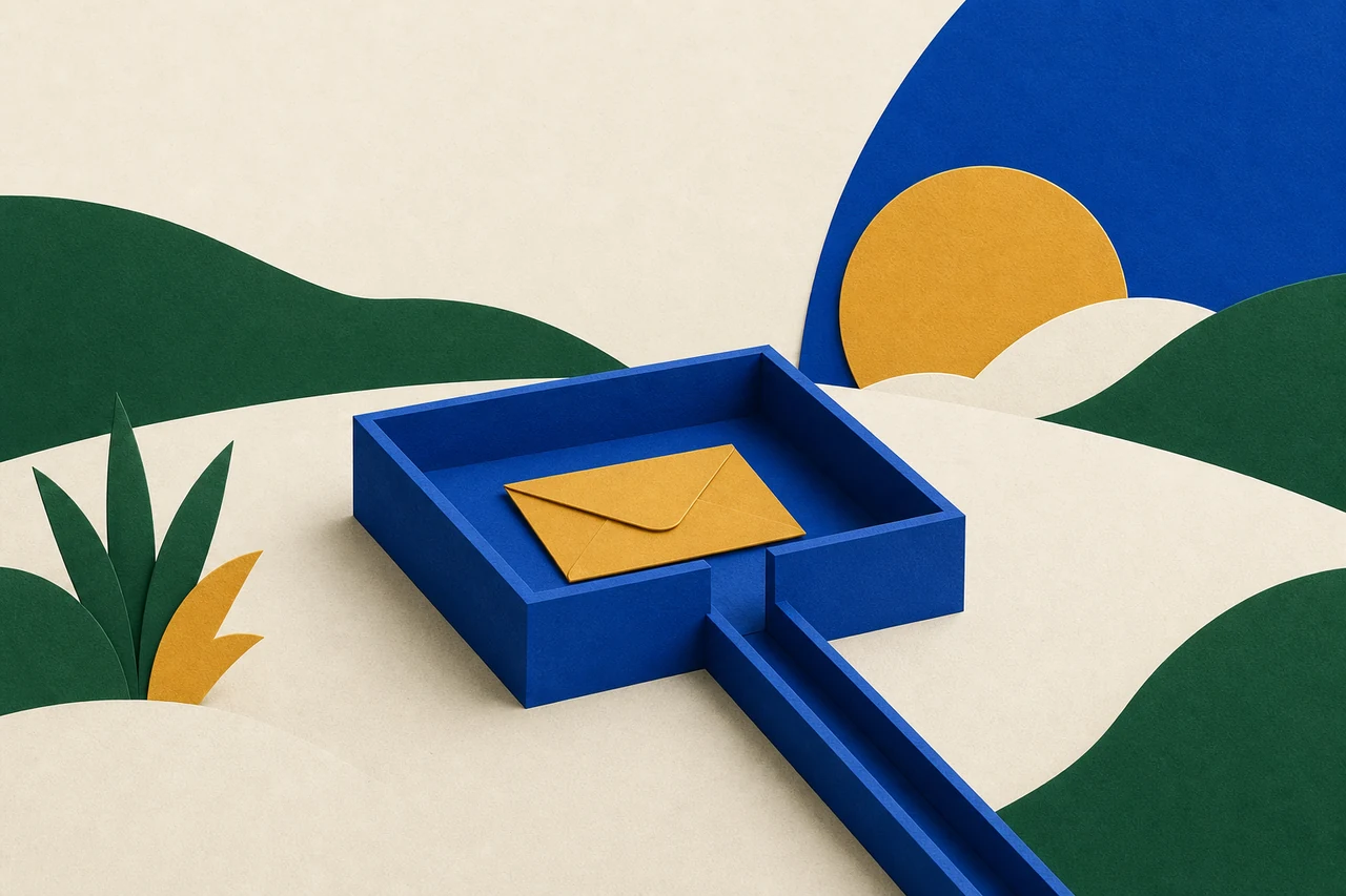 Um envelope guardado numa bandeja que tem uma única saída estreita e nenhuma outra abertura.