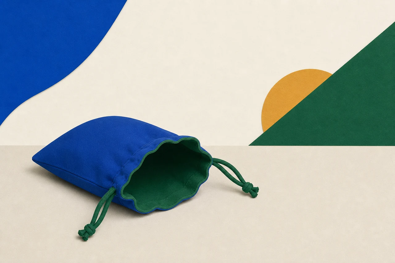 Uma bolsa de cordão aberta e completamente vazia, deitada sobre uma superfície lisa.