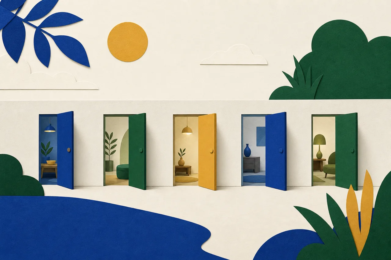 Uma parede baixa e comprida com várias portas pequenas de cores diferentes, cada uma entreaberta para a sua própria sala iluminada.