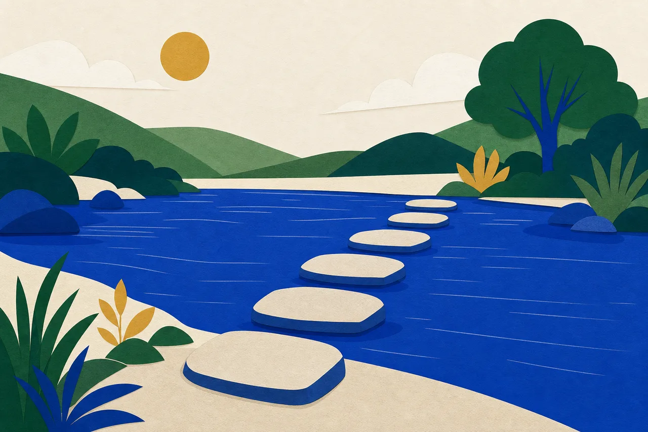 Pedras largas e baixas atravessando um riacho calmo, a primeira encostada na margem de cá.