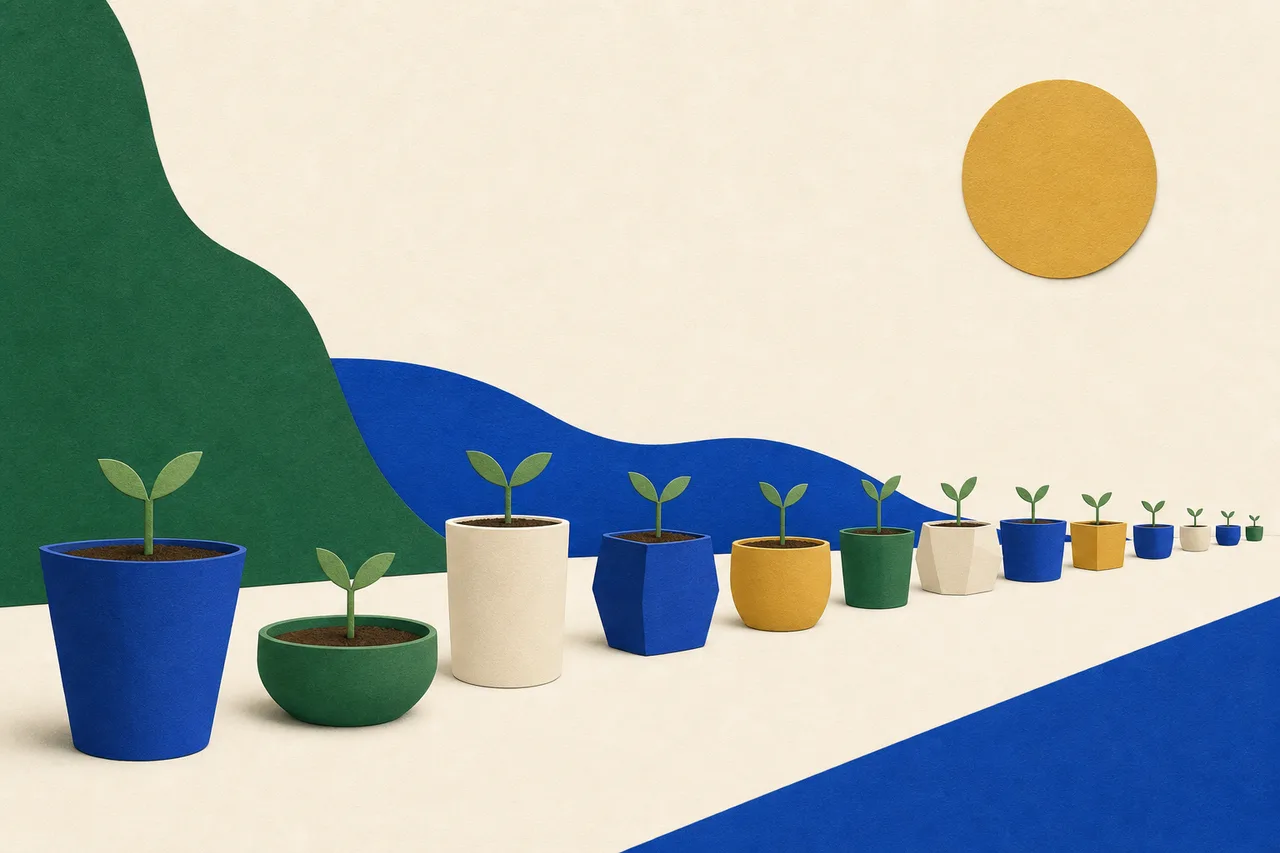 Uma longa fileira de vasos simples, de formatos variados, cada um com uma muda no mesmo estágio inicial.