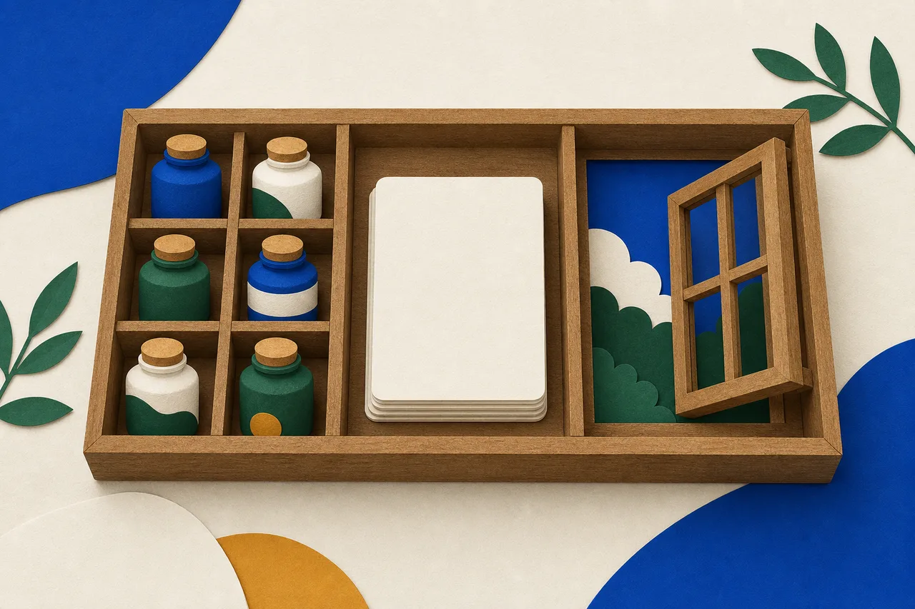 Uma bandeja de madeira com três divisões: numa, potinhos separados por divisórias finas; noutra, uma pilha de fichas em branco; na terceira, uma pequena janela aberta.