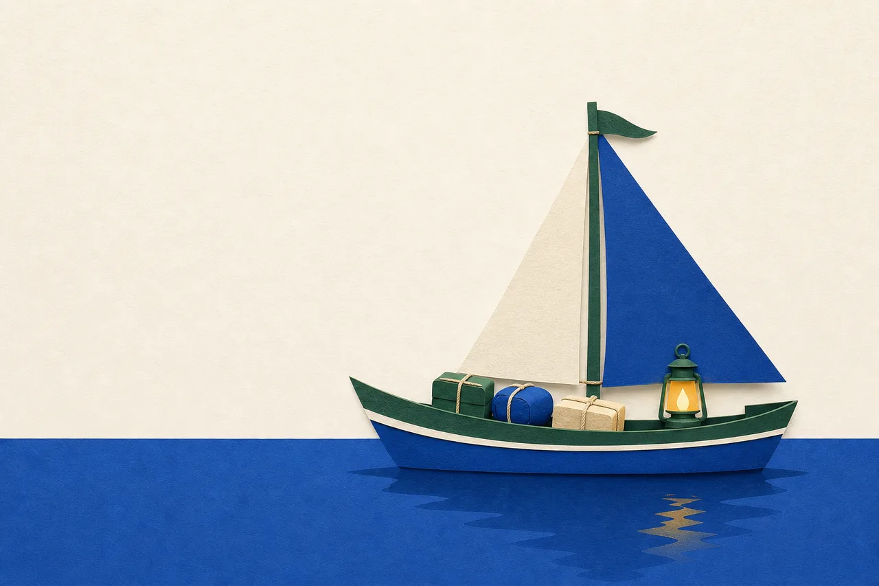 Um barco pequeno de papel num mar calmo, com o convés arrumado: alguns fardos amarrados e uma lanterna acesa.
