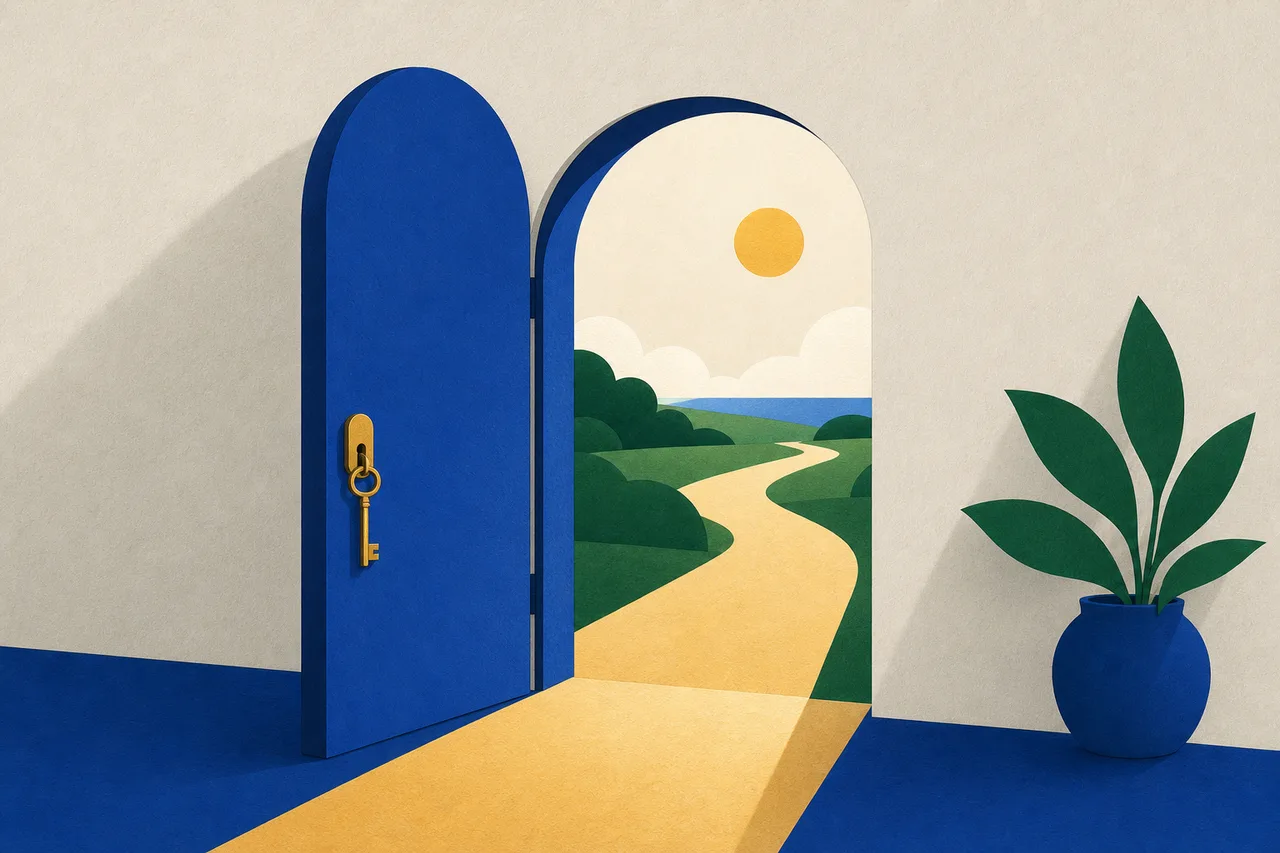 Uma porta em arco aberta numa parede lisa, com uma chave pendurada na fechadura do lado de dentro e um caminho de luz que sai pela passagem até o campo aberto.
