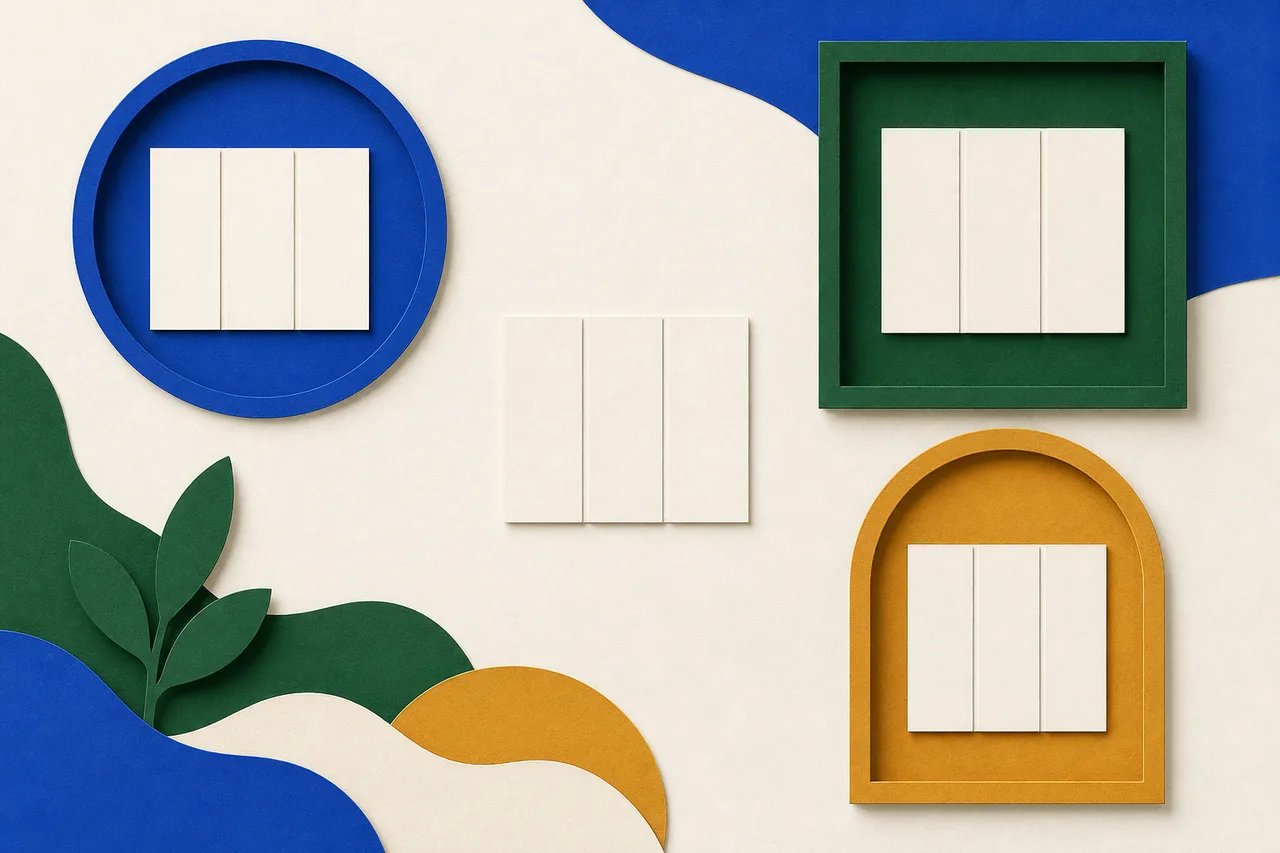 Uma folha em branco dividida em colunas, no centro, e três molduras de formatos diferentes, uma redonda, uma quadrada e uma em arco, cada uma com uma cópia igual da mesma folha.