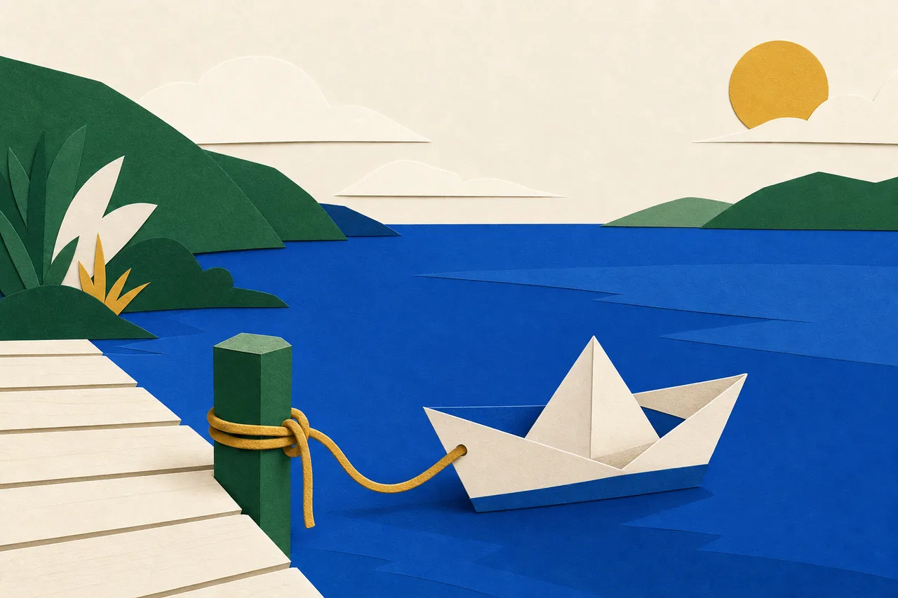 Um barco de papel amarrado a um poste de píer por um nó frouxo, com a ponta da corda solta e a água aberta à frente.