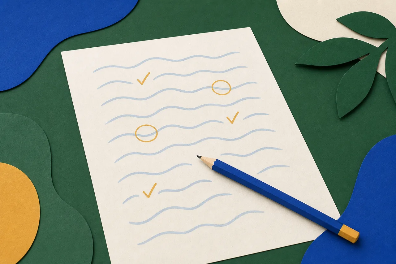 Uma folha de rascunho coberta de linhas onduladas abstratas, sem letras, com um lápis apoiado em cima e algumas linhas marcadas com pequenos traços de revisão em ocre.