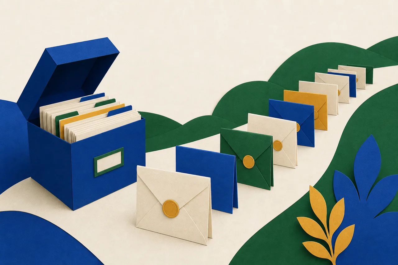 De uma caixa de fichas aberta, à esquerda, sai uma fila de envelopes e documentos já dobrados e lacrados, seguindo por um caminho curvo de papel até a direita.