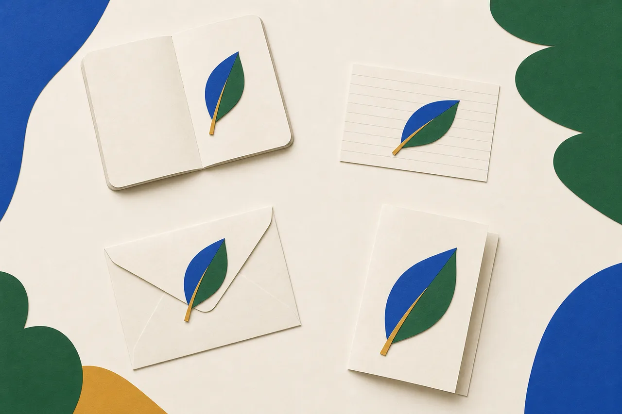 A mesma folhinha recortada em papel aparece repetida em quatro suportes espalhados — uma página de caderno, uma ficha solta, um envelope e uma folha dobrada —, cada cópia um pouco diferente da outra.