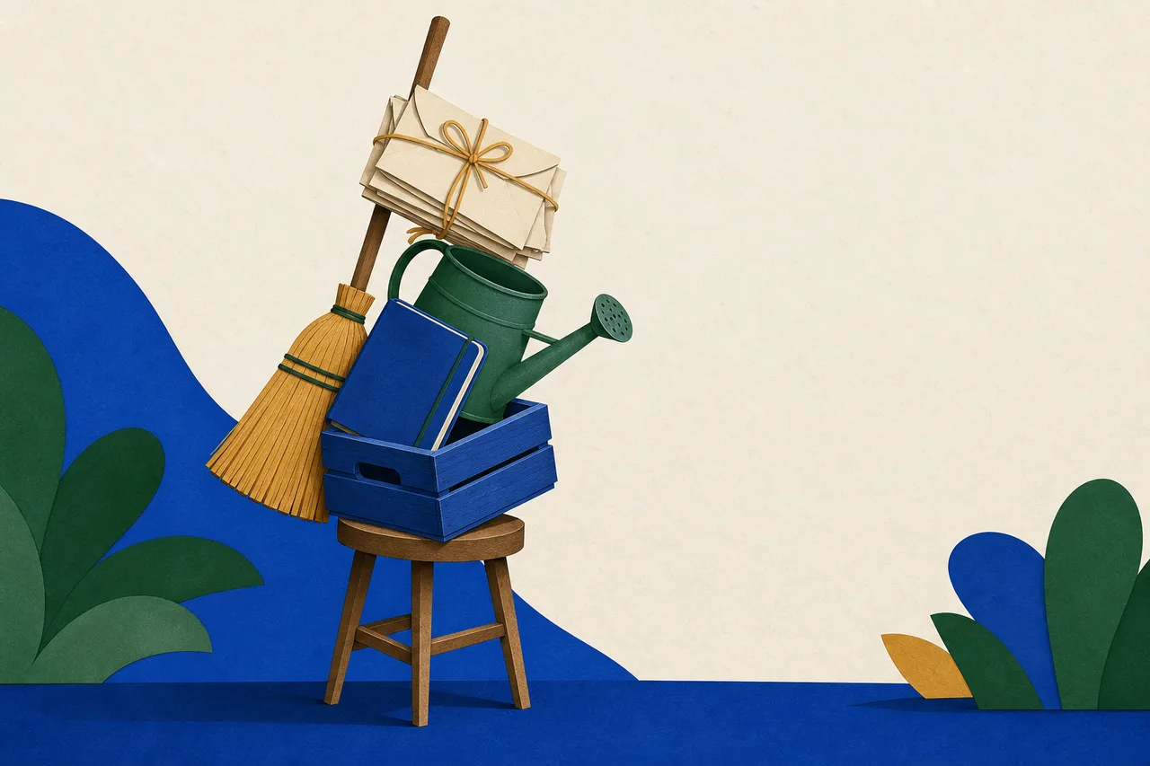 Um banquinho de madeira com objetos demais empilhados e apoiados nele — uma vassoura, um caderno, um regador, um caixote e um maço de envelopes amarrado —, equilibrados a ponto de cair.