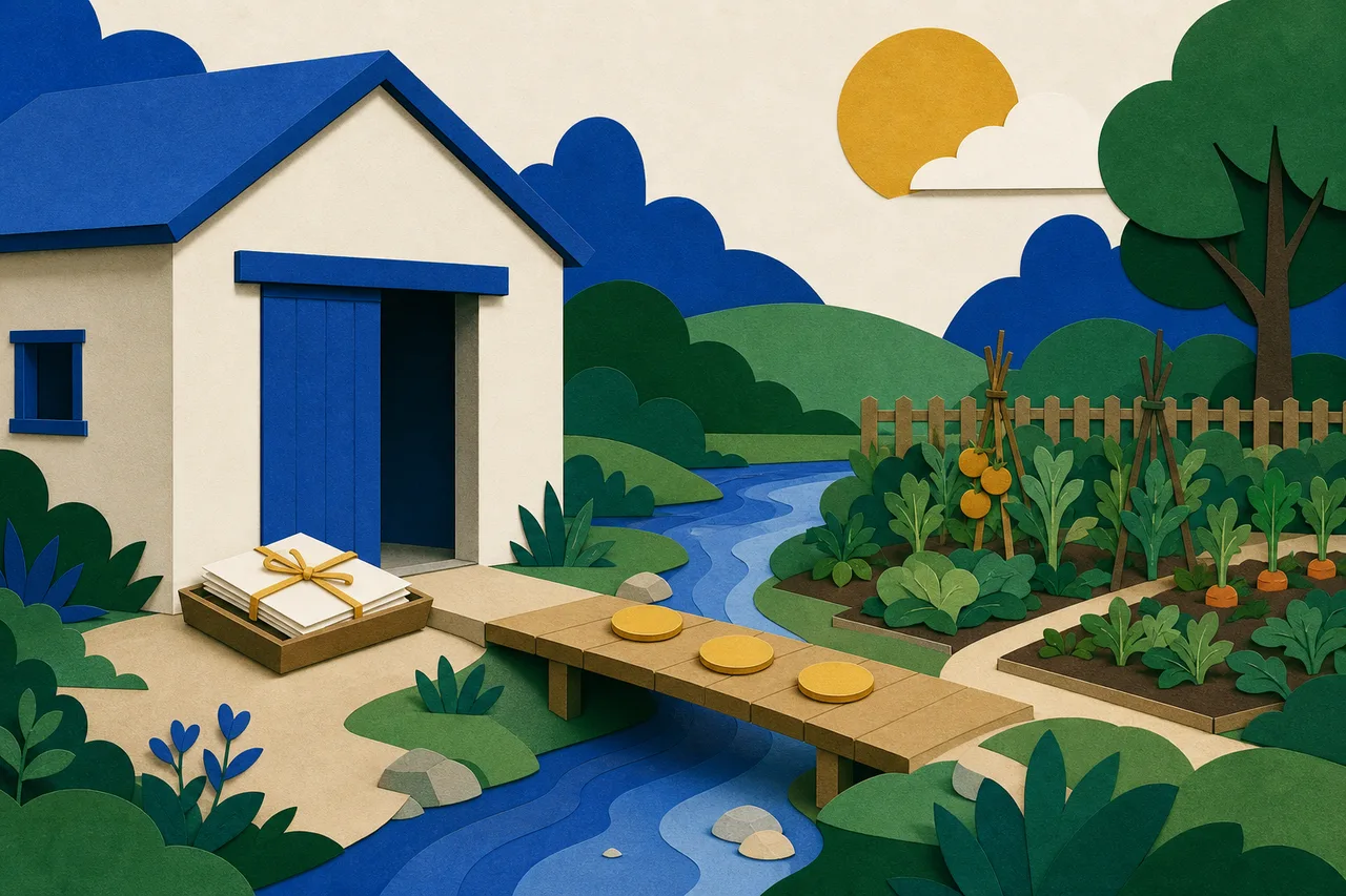 Ilustração de um galpão simples ao lado de uma horta comunitária, com uma pequena ponte de madeira levando algumas moedas até a horta e um maço de papéis amarrado com uma fita, guardado numa bandeja na porta do galpão