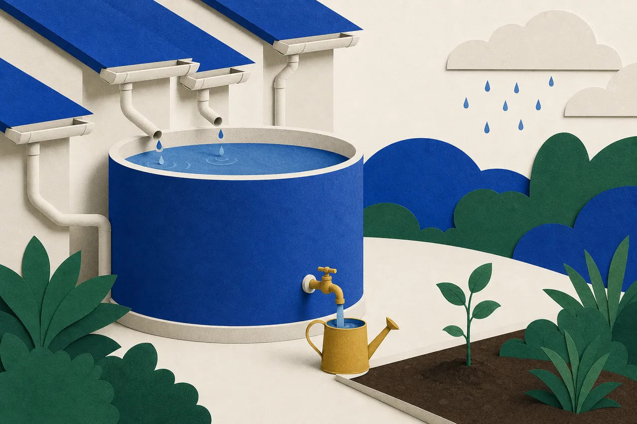 Ilustração de uma grande cisterna redonda recolhendo a água da chuva de várias calhas pequenas, com uma única torneira na base enchendo um regador ao lado de uma muda num canteiro