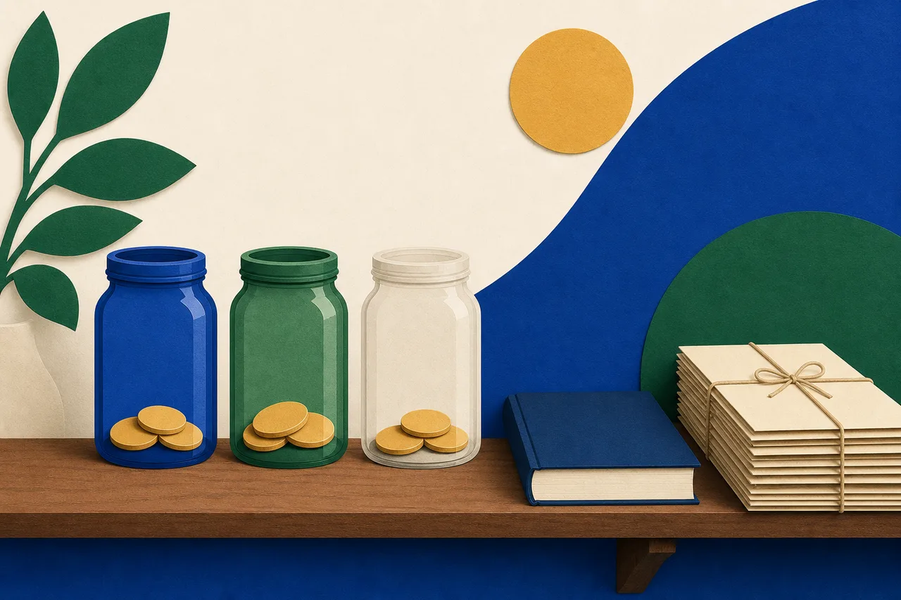Ilustração de três potes de vidro de cores diferentes numa prateleira, cada um com algumas moedas, ao lado de um livro-caixa fechado e de uma pilha de pastas amarradas com barbante
