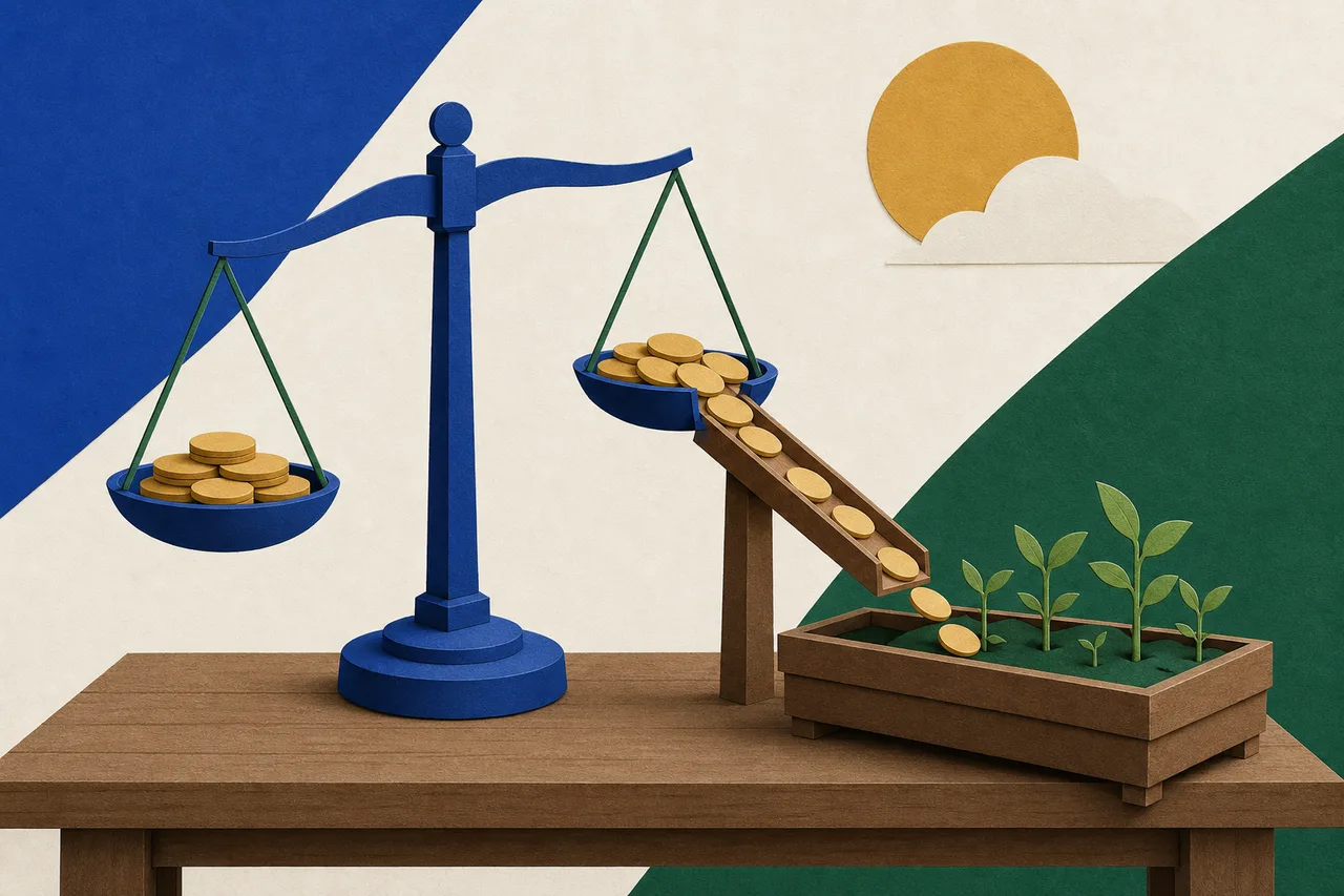 Ilustração de uma balança de pratos antiga sobre uma mesa de madeira, com um fio de moedas escorrendo de um dos pratos por uma calha até uma jardineira onde brotam várias mudas