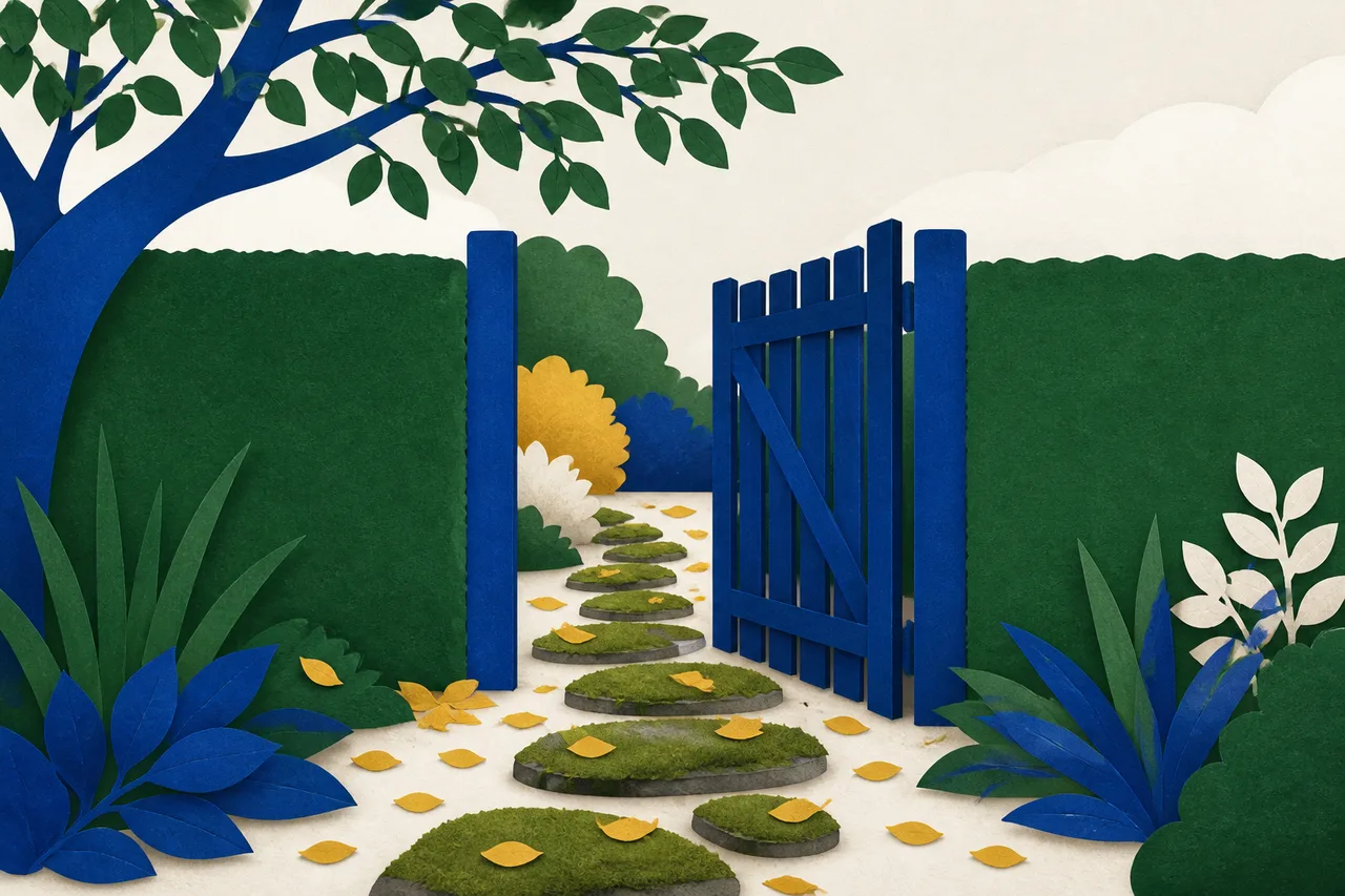 Ilustração de um portão de madeira aberto entre duas sebes, com um caminho de pedras que passa por ele e pedras cobertas de musgo antes e depois do portão.