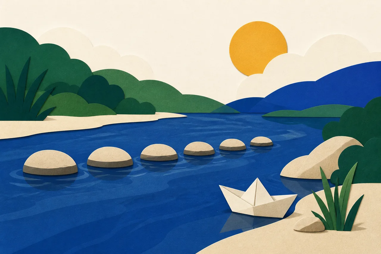 Ilustração de um rio calmo com uma fileira de pedras lisas atravessando a água e um pequeno barco de papel parado perto da margem.