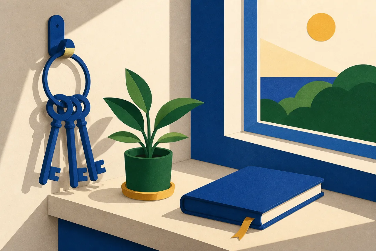 Ilustração de um molho de chaves antigas pendurado num gancho, ao lado de um vaso com planta e de um caderno fechado com marcador de fita, num parapeito ao fim da tarde.