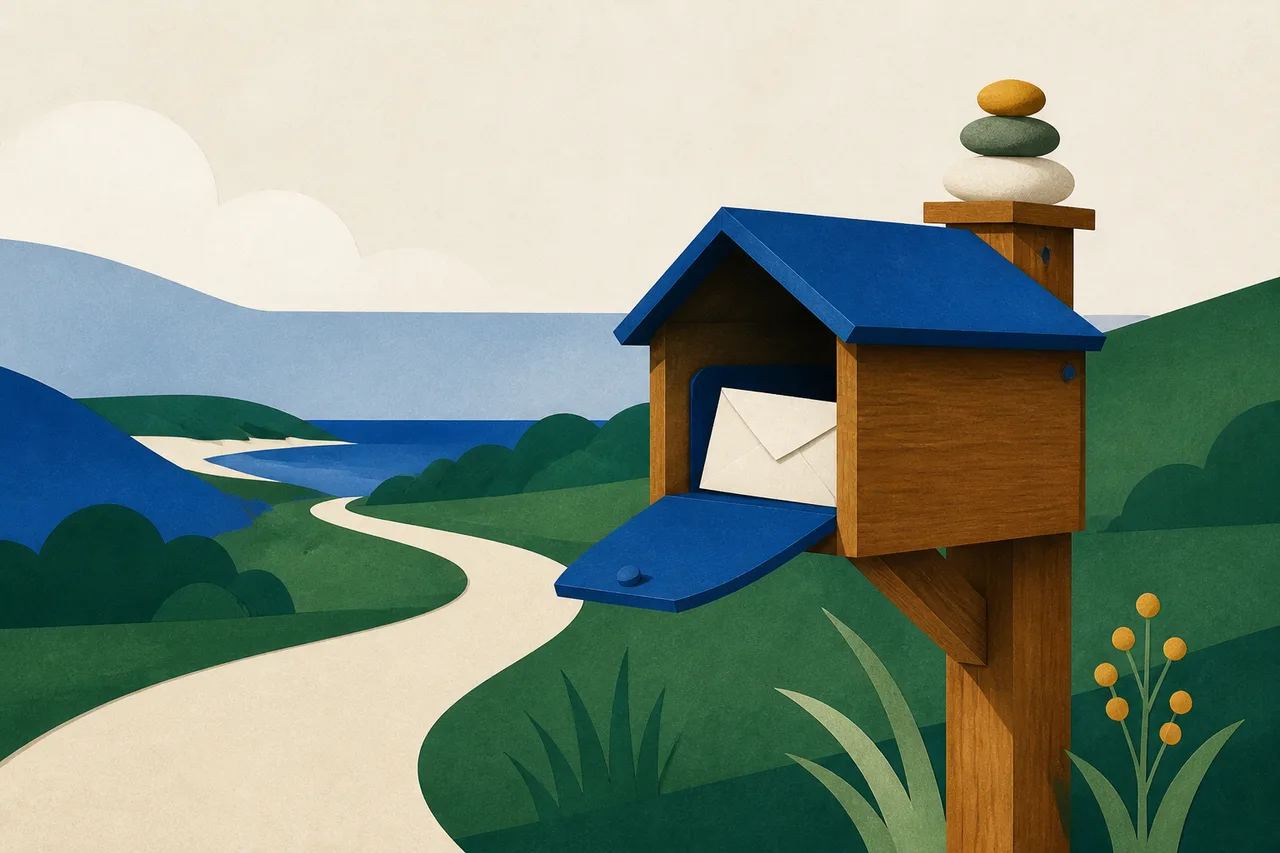 Ilustração de uma caixa de correio de madeira à beira de um caminho, com a portinha entreaberta, um envelope dobrado dentro e uma pilha de pedrinhas lisas sobre o poste.