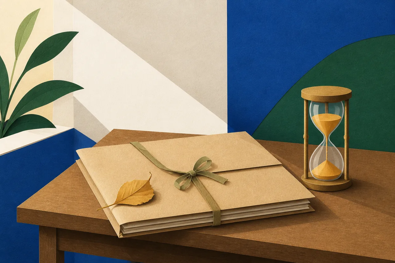 Ilustração de uma pasta de papelão amarrada com fita sobre uma mesa de madeira, ao lado de uma pequena ampulheta com a areia pela metade.