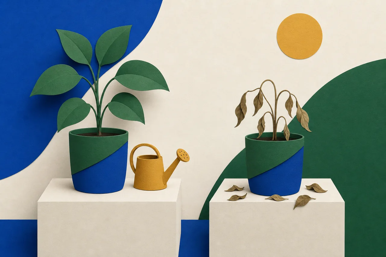 Ilustração de dois pedestais lado a lado: num, uma planta viçosa com regador; no outro, o mesmo vaso com a planta seca