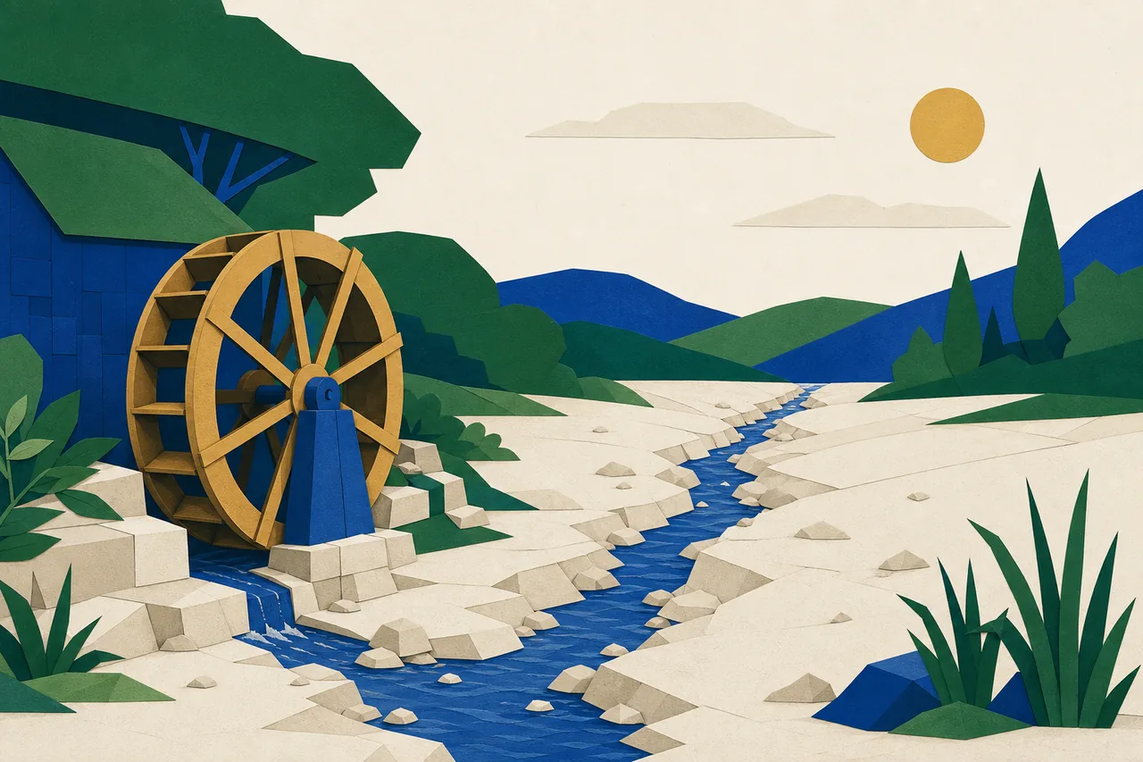 Ilustração de uma roda-d'água que continua girando ao lado de um riacho reduzido a um fio de água