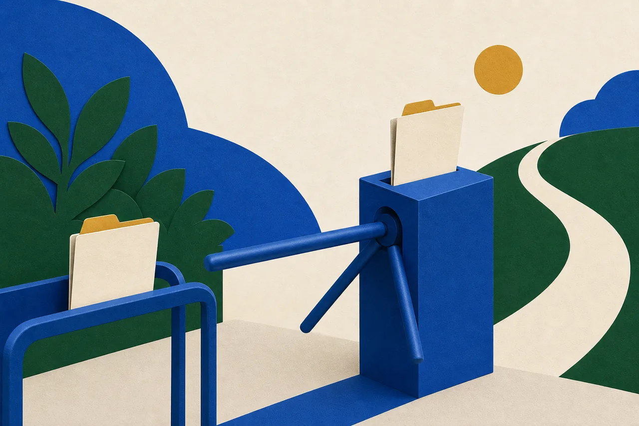 Ilustração de uma catraca de barras com fenda de cartão, uma pasta entrando e abrindo o braço, e outra pasta esperando sem cartão
