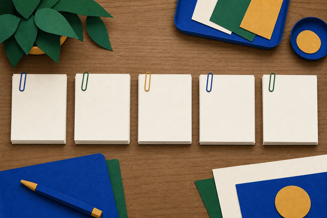 Ilustração vista de cima de cinco pilhas de papel alinhadas numa mesa, cada uma bem esquadrada e presa por um clipe simples