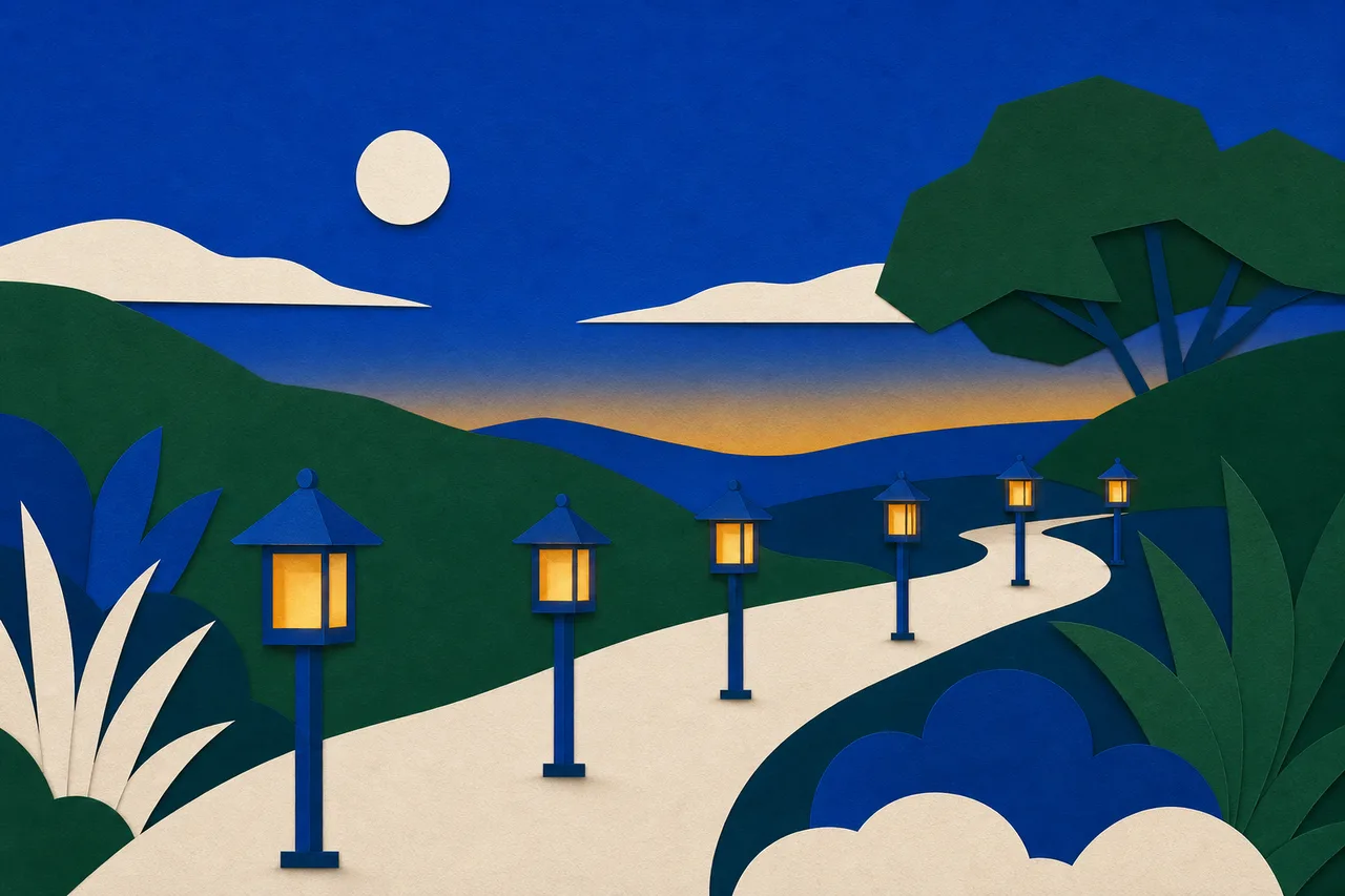 Ilustração de uma fileira de lanternas sobre postes ao longo de um caminho ao entardecer, todas acesas com uma luz ocre