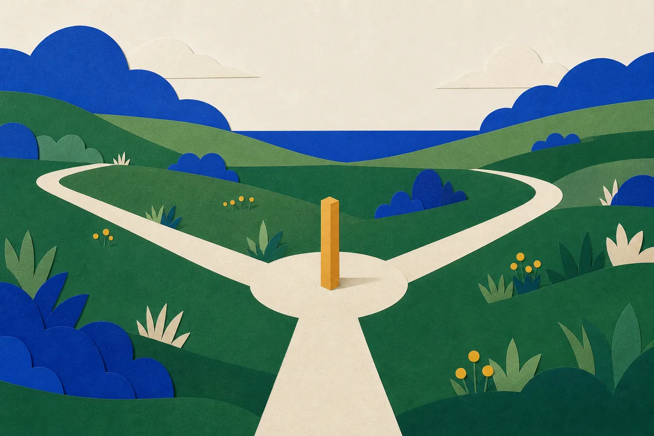 Ilustração de três trilhas que partem de uma pequena clareira redonda em direções diferentes, com um marco ocre fincado no centro