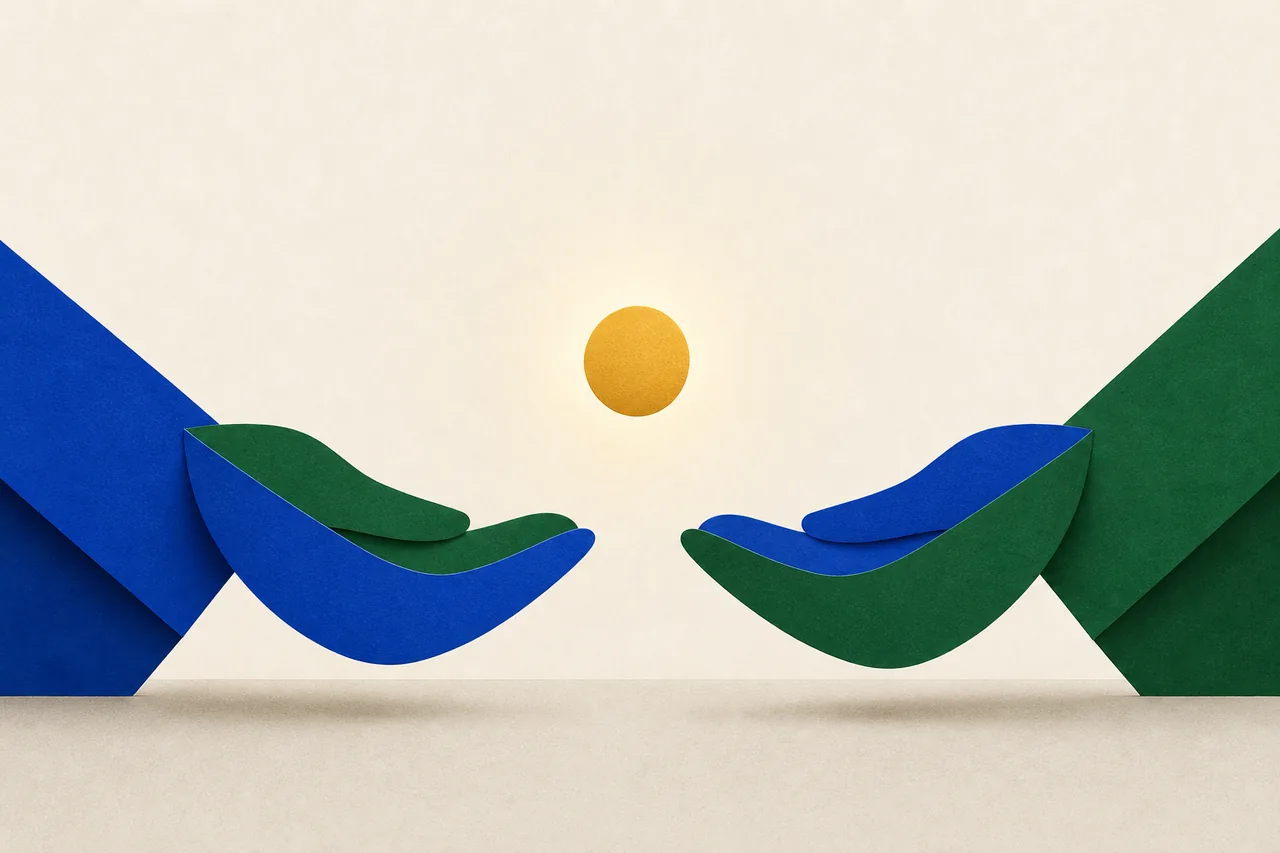 Ilustração de duas formas de papel em concha, viradas uma para a outra, com uma pequena esfera luminosa passando entre elas