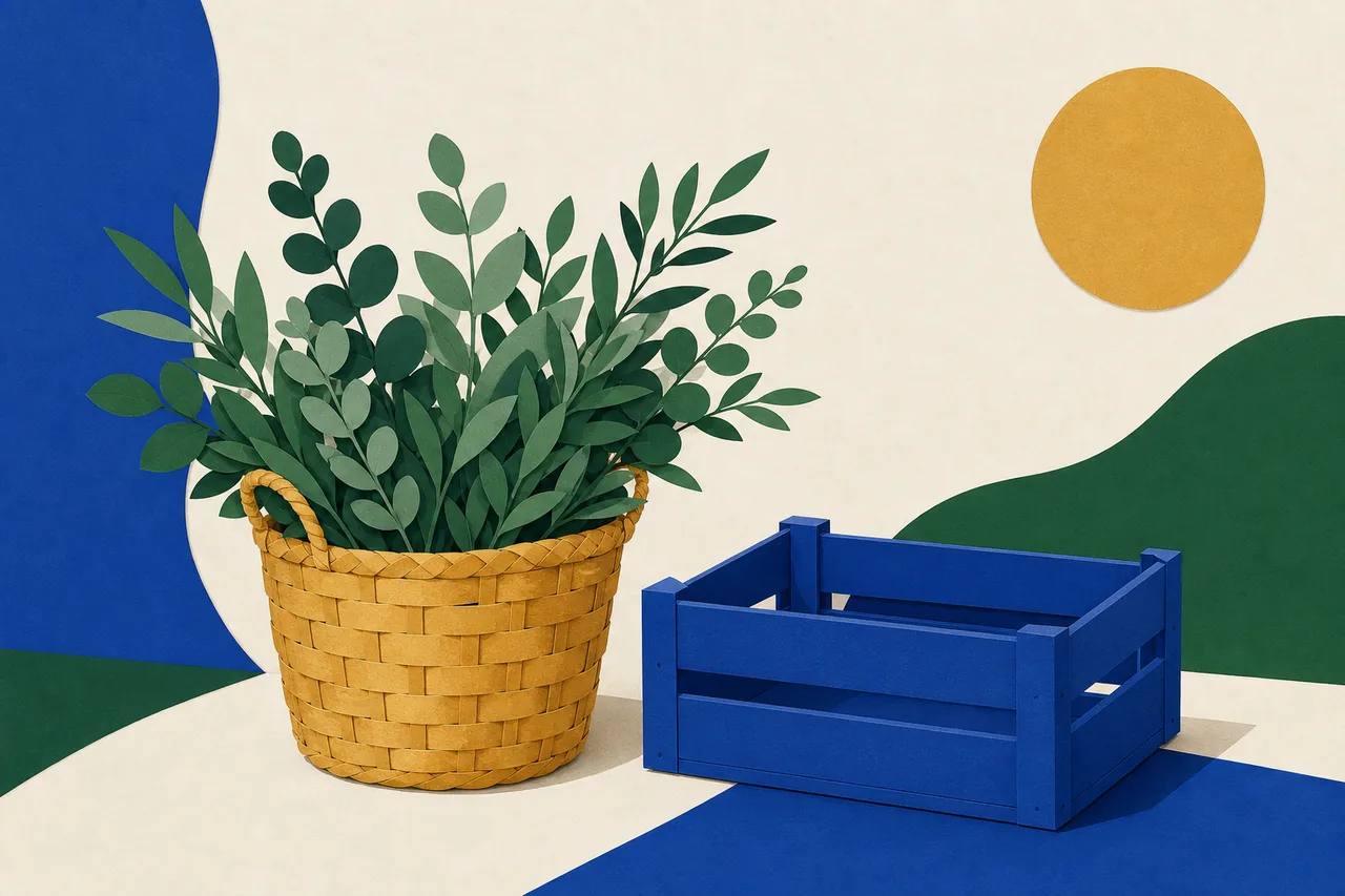 Ilustração de um cesto trançado cheio de ramos verdes ao lado de um caixote retangular vazio do mesmo tamanho