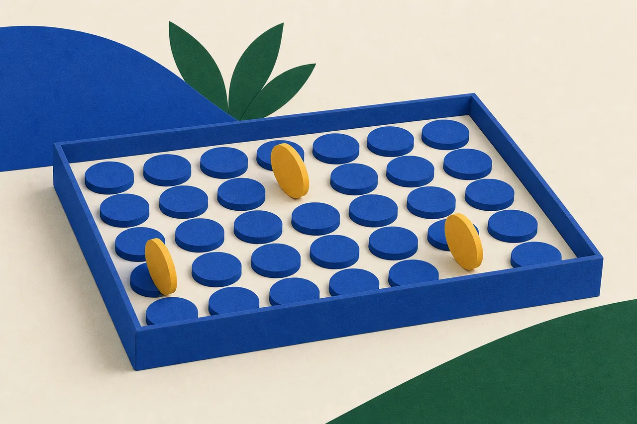Ilustração de uma bandeja com fichas redondas iguais em fileiras, algumas inclinadas numa cor diferente