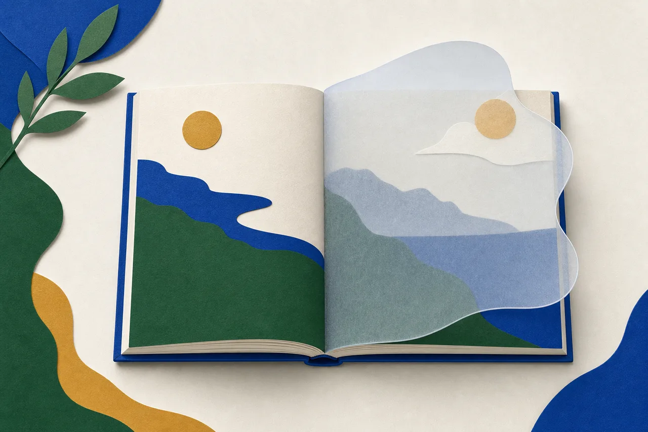 Ilustração de um livreto aberto recebendo uma página nova translúcida que pousa sobre a página antiga, de formato diferente