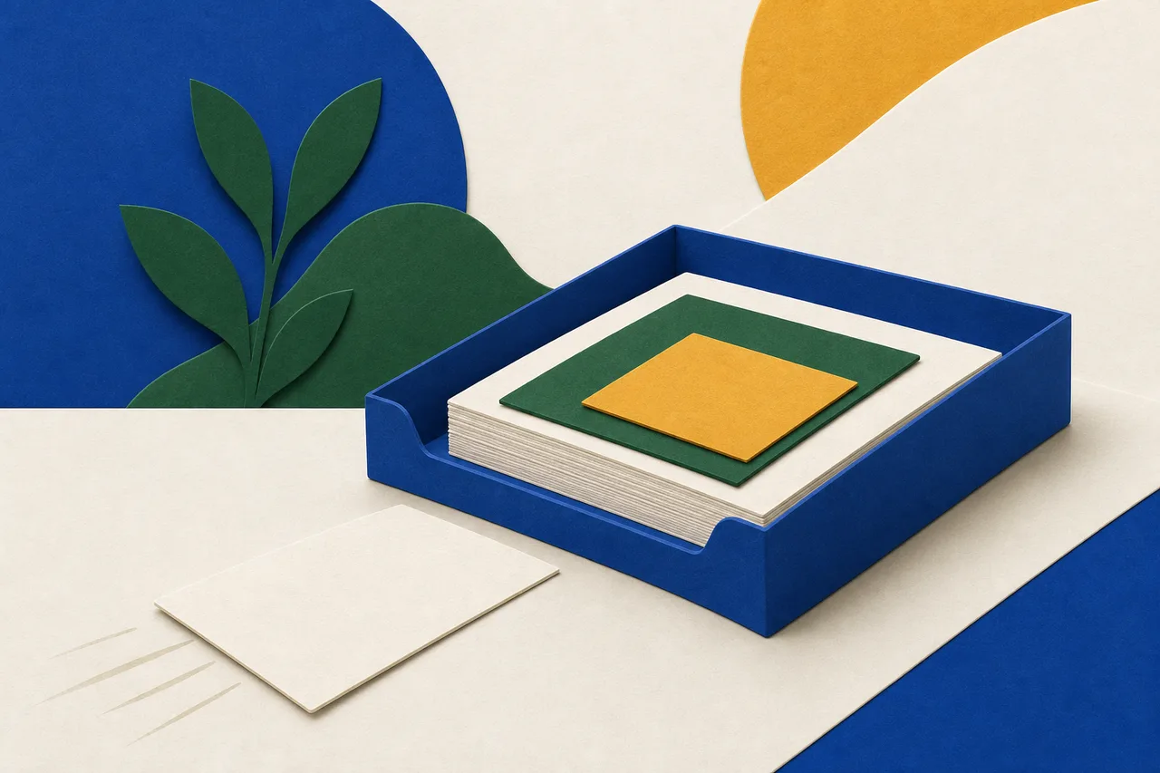 Ilustração de uma bandeja de papel recortado com uma pilha organizada de folhas e cartões, e um único cartão ainda do lado de fora, a caminho da pilha