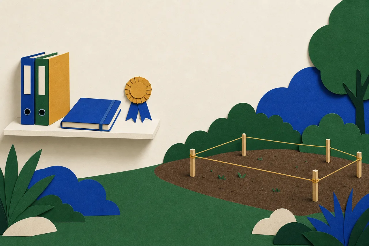 Ilustração de uma estante de papel recortado com pastas, um caderno e uma pequena fita de prêmio, e ao lado um canteiro vazio com estacas marcando onde algo ainda vai ser construído