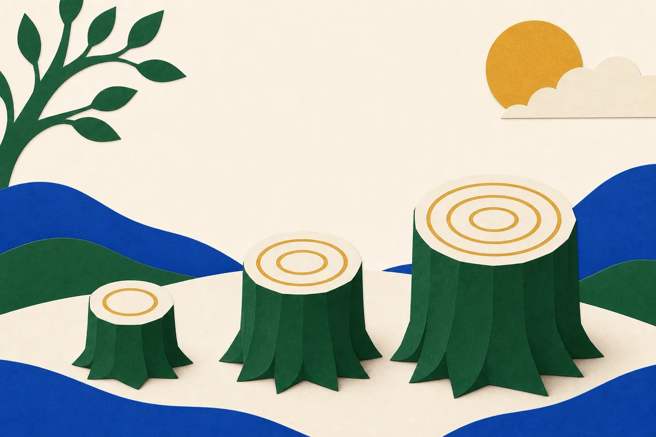 Ilustração de três tocos de árvore de papel recortado lado a lado, pequeno, médio e grande, com um, dois e três anéis visíveis no corte