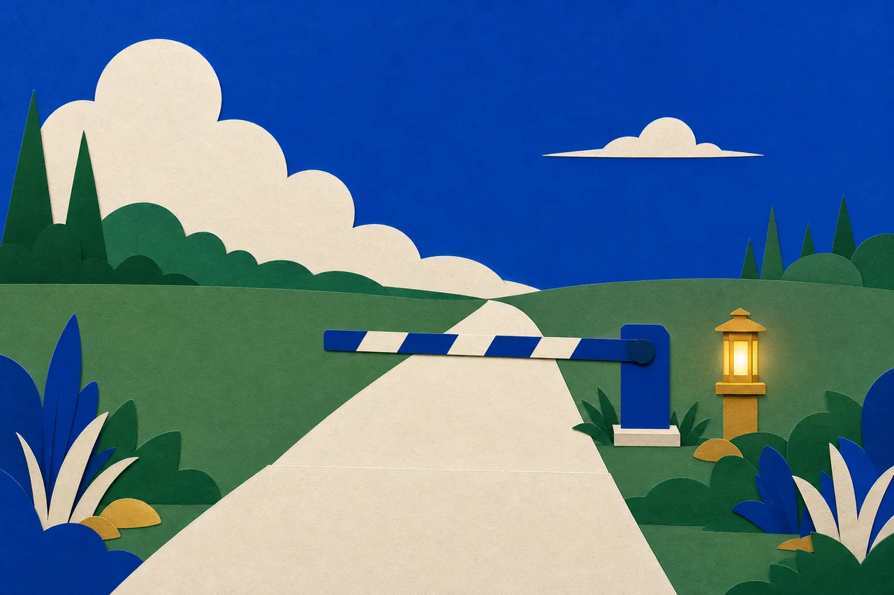 Ilustração de um caminho de papel recortado bem pavimentado que termina numa cancela baixada, com uma pequena lanterna ocre acesa ao lado dela