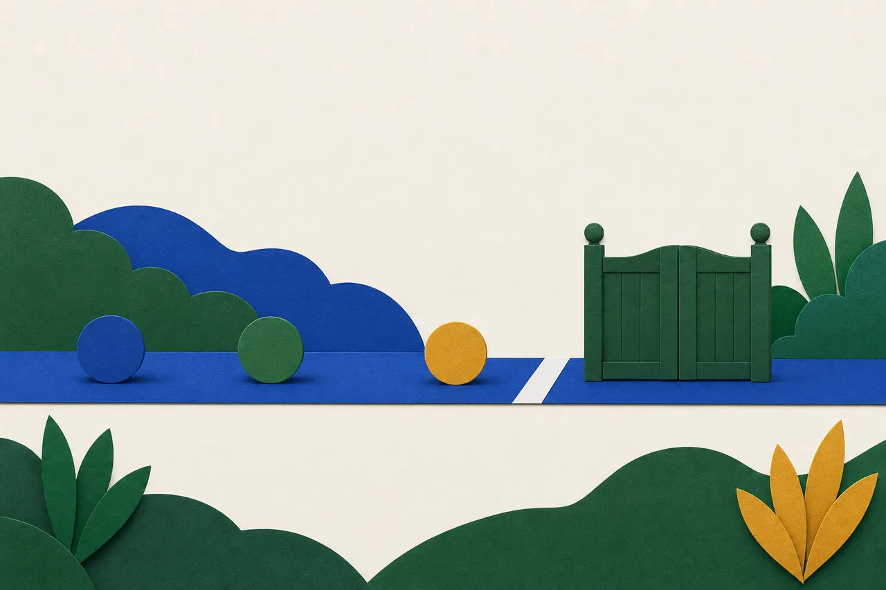 Ilustração de três fichas redondas de papel recortado numa pista vista de lado: a da frente chega à faixa de chegada e, logo depois da faixa, um portão baixo fechado bloqueia a pista